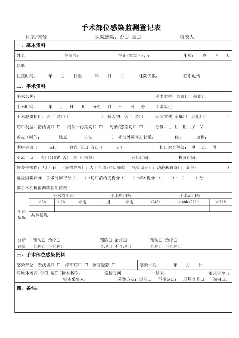 手术部位感染监测登记表(修订)-医者文库